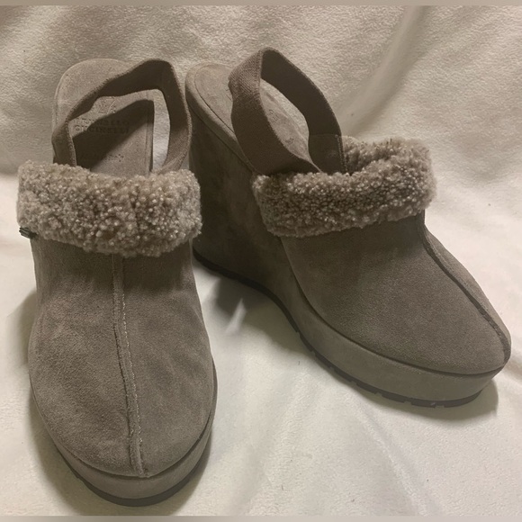 Brunello Cucinelli Suede Shearling Wedge Slingback Clogs Grey size EU 39 / US 9 - Picture 9 of 14